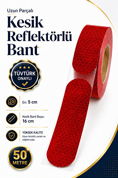 Badem10 (50 Metre) 5 Cm Tüvtürk Onaylı Reflektörlü Bant Kırmızı Kesikli Refle...