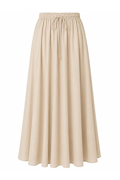 Laluvia Beige Elastic Waist Poplin Skirt - E1012
