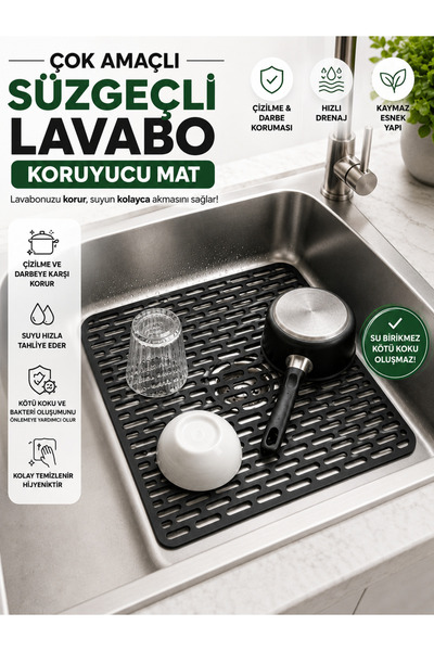 Mode Cool Çok Amaçlı Süzgeçli Lavabo Koruyucu Mat | Kesilebilir Kaymaz Evye T...