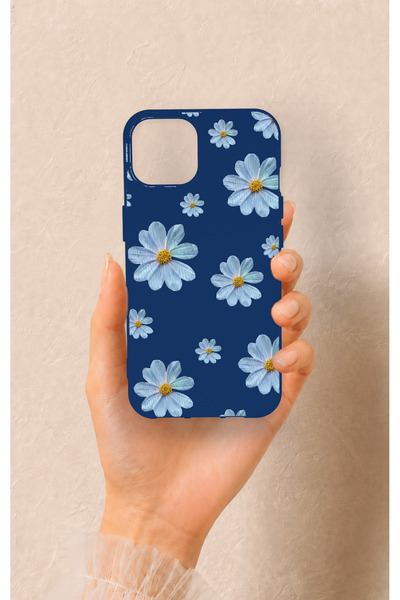 Vip Case iPhone 13 Uyumlu Mavi Papatya Desenli Silikon Kılıf