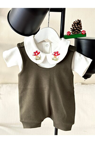 Mama Miel Baby Cork Embroidered Collar Detailed Bodysuit and Khaki Combed Cot...