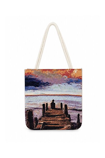 Köşedeki Dükkan Women's Landscape Patterned Woven Shoulder Bag Daily Tote Bag