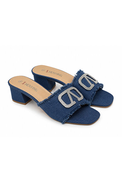 Eloré Denim Spark Crystal Block Heel Mules