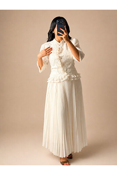 Generic Women's Set Skirt and Top Embroidered Pleated Skirt Set for Occasions