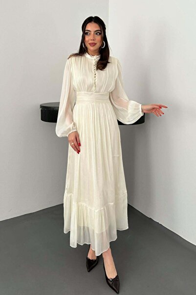 Clothes Fast Women's Beige Hakim Collar Buttoned Waist Gathered Balloon Sleev...