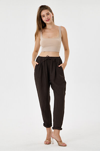 della moor Women's Brown Italian 100% Linen Waist-Tie Carrot Fit Linen Trouse...