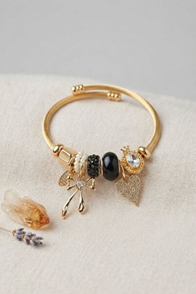 norsary Bow and Heart Black Charm Bracelet