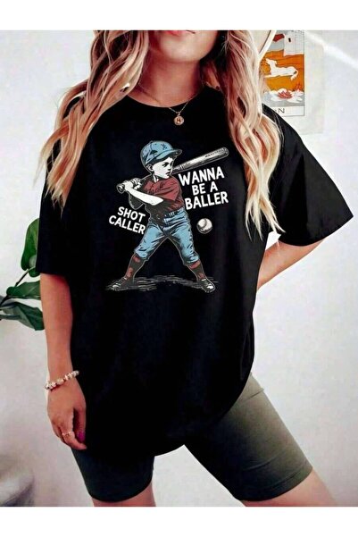 9TAY تي شيرت نسائي صيفي بتصميم بيسبول ريترو - بتصميم "Wanna Be A Baller Shot ...