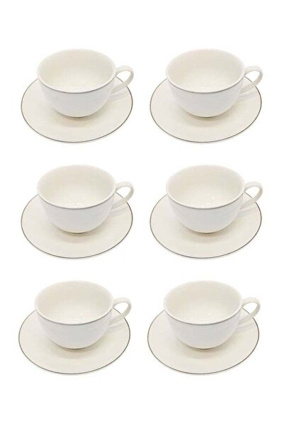 Celia 12-Piece Porcelain Tea Cup & Saucer Set 200 ML White/Silver, Set for 6 ...