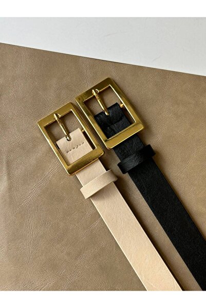 LİA KEMER 2Pcs Square Gold Buckle Belt Waist Belt Coat Belt Dress Belt Trouse...