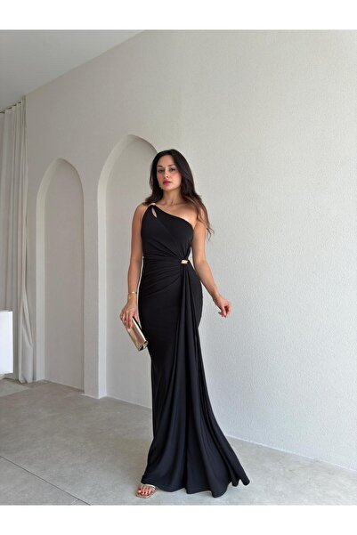 Mooi Butik فستان رايا ماكسي بكتف واحد 3741 - أسود