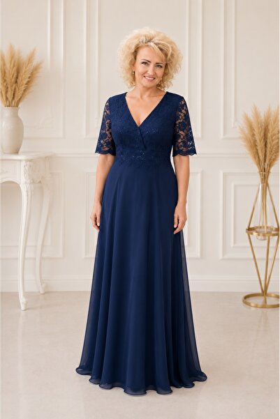 OEM Rochie de seara lunga, nuanta bleumarin, din voal si dantela