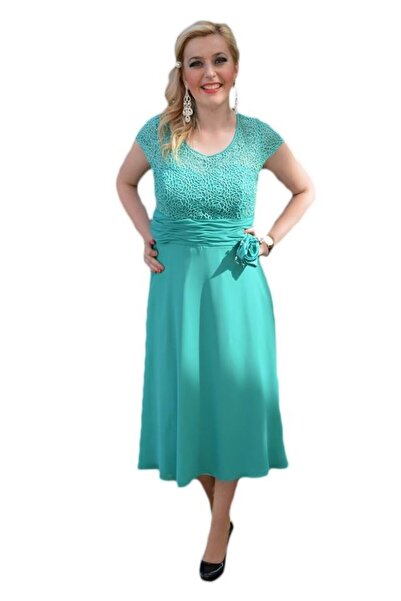 OEM Rochie de ocazie de lungime medie, din dantela si voal turcoaz