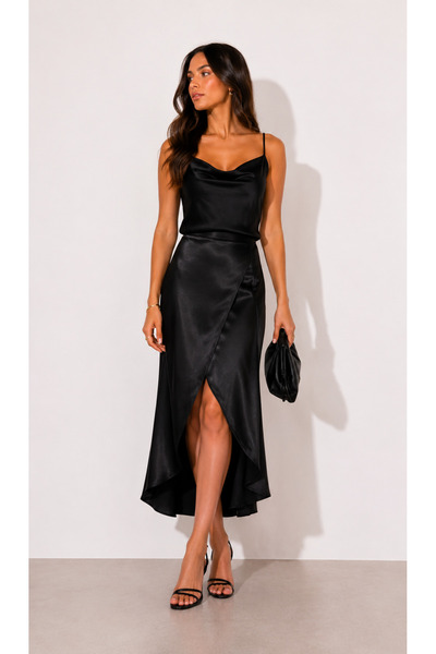 2TRENDY Women's Wrap Skirt Maxi Skirt Side Slit Black Color