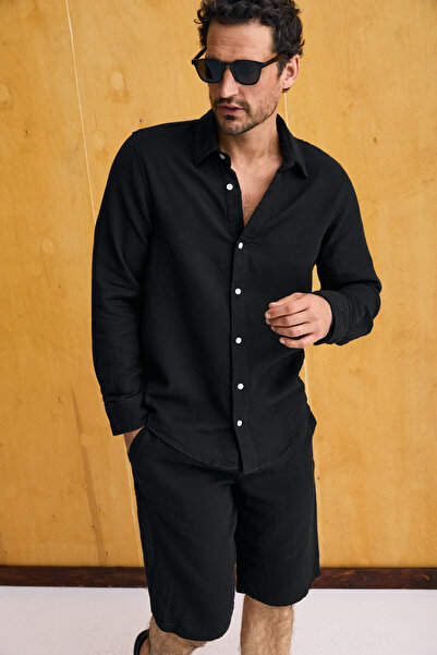 GRIMELANGE Raimo Men's 100% Cotton Cuffed Long Sleeve Comfort Fit Black Shirt