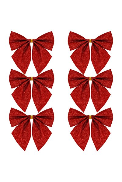 Luna Bite , Set 6 ornamente pentru bradul de Craciun, fundita, 8cm, rosu cu s...