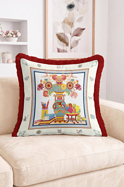 Realhomes Fringed Throw Pillow Cover with Floral Vase and Fruit Plate Illustr...