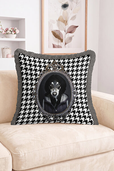 Realhomes Fringed Throw Pillow Cover with Dog Portrait and Houndstooth Patter...