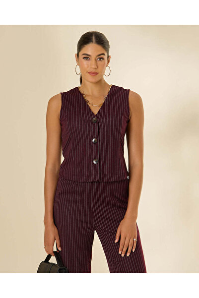 REDTAG Women Burgundy Striped Sleeveless Waistcoat