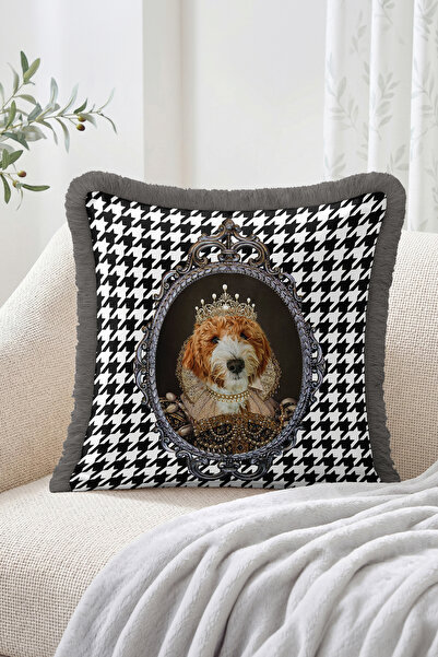 Realhomes Royal Crowned Dog Portrait and Houndstooth Pattern Fringed Throw Pi...