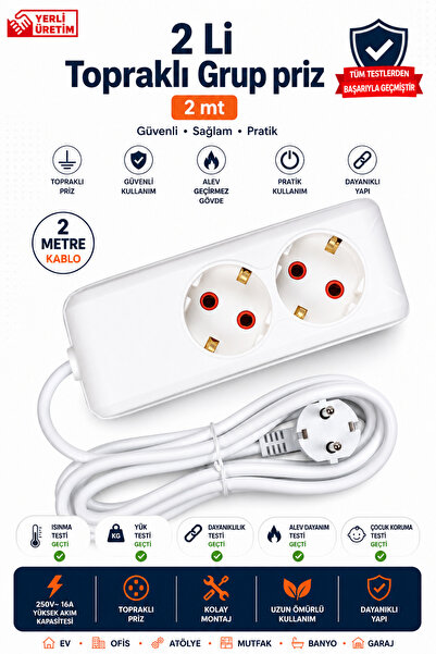 ASEL ELEKTRİK 2'li Topraklı Grup Priz 2 Metre Kablolu | 16A 250V Uzatma Prizi...