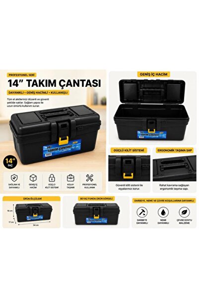 abnturk 14'' Sağlam Plastik Kilitli Profesyonel Takım Çantası-Dayanıklı Geniş...