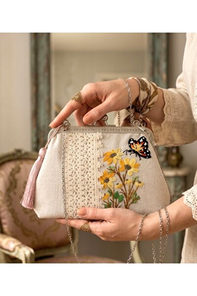 Arzu Demir %100 El Nakışı İşlemeli Vintage Keten Çanta .Kır çiçek Temalı .25×...