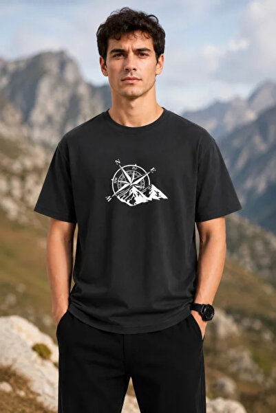 JANES Tricou supradimensionat cu mânecă scurtă, cu imprimeu Outdoor Compass M...