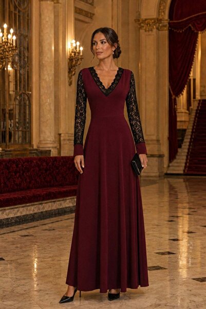 Mossta V-Neck Lace Sleeve Long Crepe Dress - Burgundy