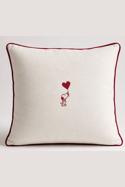 Elegancembroidery Kalp Balonlu Köpek Nakışlı Keten Kırlent Kılıfı - Bordo Biy...