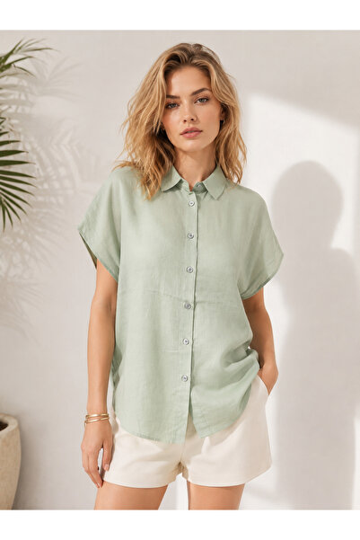 Nuevo Women's Mint Green Linen Look Bat Sleeve Short Sleeve Shirt Relaxed Fit...