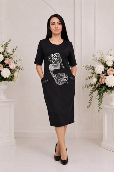 OEM Rochie de tineret cu maneca scurta, bleumarin, cu imprimeu alb