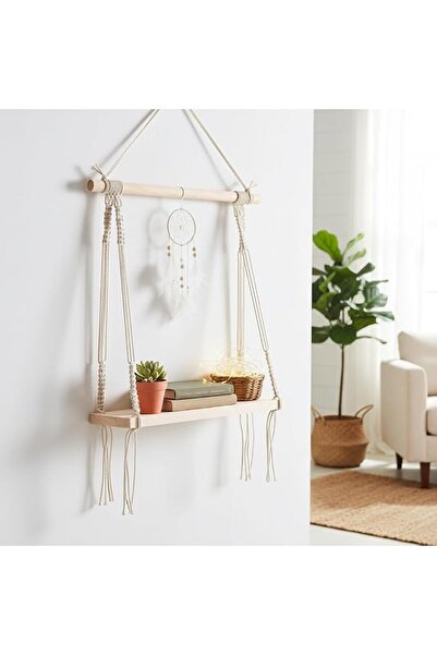 GENERAL Decazone ® Macramé Wall Hanging Shelf Pine Wood Floating Shelve with ...