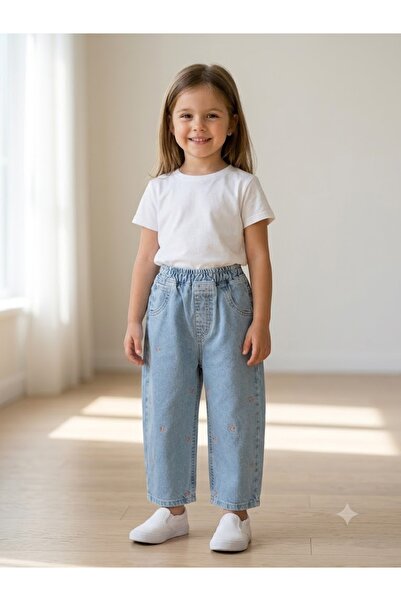 Motebarn Wear Girl's Pink Bow Embroidered Light Blue Balloon Jean Trousers