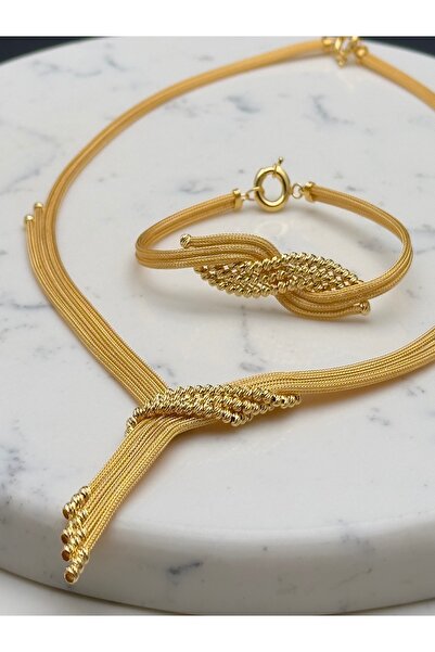 Adel Gold 14 Ayar Altın İtalyan Hasır Dorika Detaylı Püsküllü Gerdanlık ve Bi...