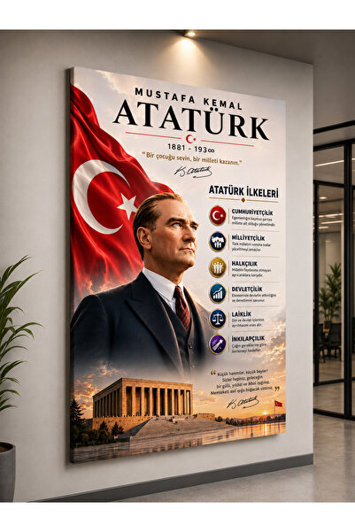 Mustafa Kemal Atatürk İlkeleri Yazılı Dekoratif Kanvas Duvar Tablosu