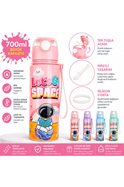 MUBX 700 ml Çocuk Suluk Pipetli Su Matarası Askılı BPA İçermez Sızdırmaz Kapak Uzay Temalı