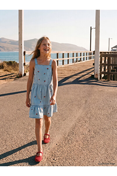 LC Waikiki Trendlucky Girls' Jean Dress with Square Collar Embroidery and Con...
