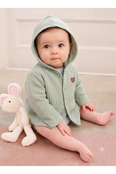 PARK BEBE Baby Muslin Cardigan Hooded Snap-Buttoned 4-Layer Muslin Jacket Cut...