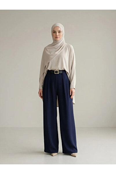 Naknaku Pleated Belt Detail Atlas Trousers-Navy Blue