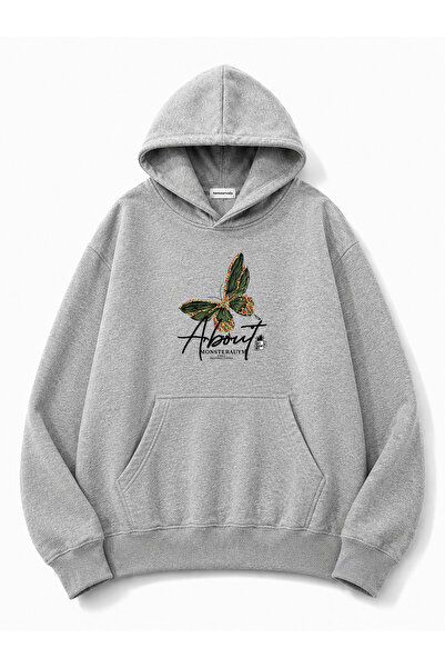 herkesemoda Green Butterfly Printed Hooded 2 Thread Threaded Sweatshirt