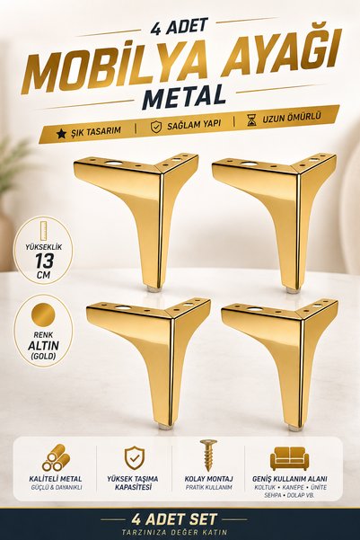 NZB (4 ADET) Metal 13 cm Gold Mobilya Köşe Ayağı Dayanıklı Modern Tasarım Kol...