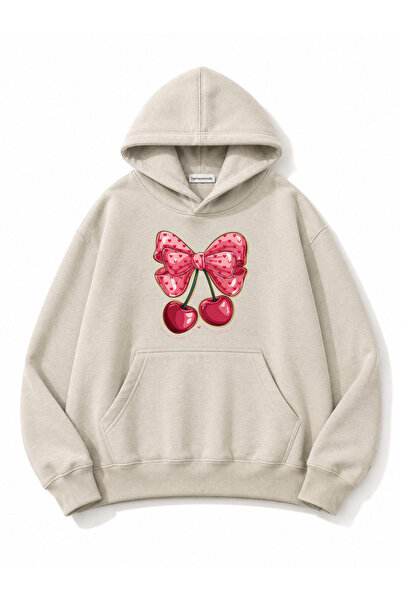 herkesemoda Ribbon Cherry Printed Hooded 2 Thread Threaded Sweatshirt