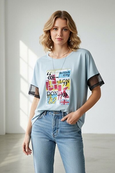 OEM Tricou casual supradimensionat de damă cu imprimeu urban și mâneci din tu...