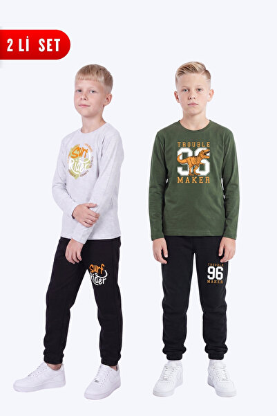 FYK KİDS 2-Piece Boy's Round Neck Printed Detailed 4-Piece Top and Bottom Set...