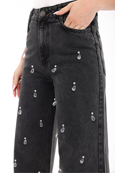 RENGARENG Women's Designer Denim Trousers with Stone Embellishments, Gray Pal...