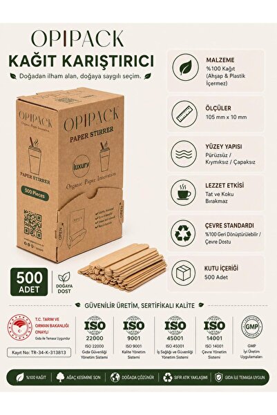 Opipack Çevre Dostu Kağıt Çay/Kahve Karıştırma Çubuğu 500 Adet