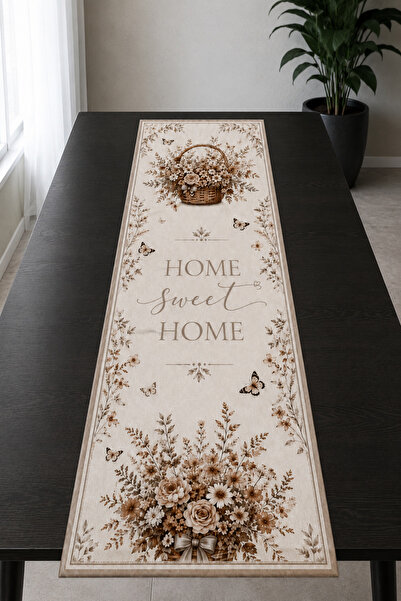 Bebişim Halı Sepia Flower Basket and Home Sweet Home Patterned Runner Tablecl...