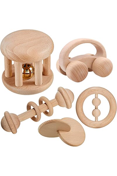 Beauenty 5 Pcs Wooden Montessori Toys for Baby,Wooden Rattle for Baby 3-12 mo...