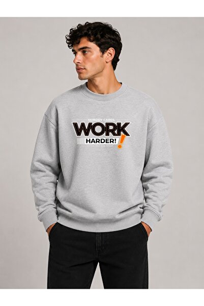 herkesemoda Work Harder Print Detailed Crew Neck 2 Thread Sweatshirt with Emb...